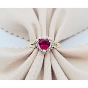 14K Solid Yellow Gold Designer Heart Shaped Synthetic Ruby & CZ Ring - Size 6.50